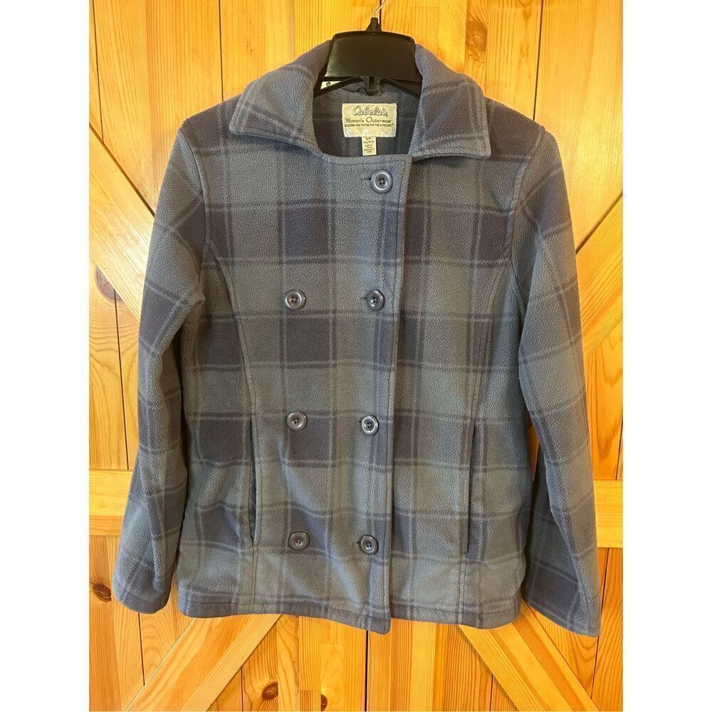 Cabela's Womens Fleece Outerwear Jacket Size S Gray Plaid Button Up Coat Pockets